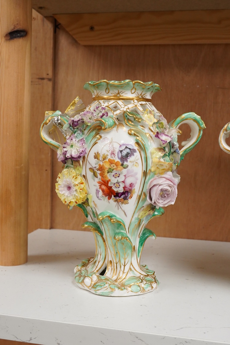 A near pair of English porcelain flower encrusted vases, c.1830, possibly Coalbrookdale, 21cm high